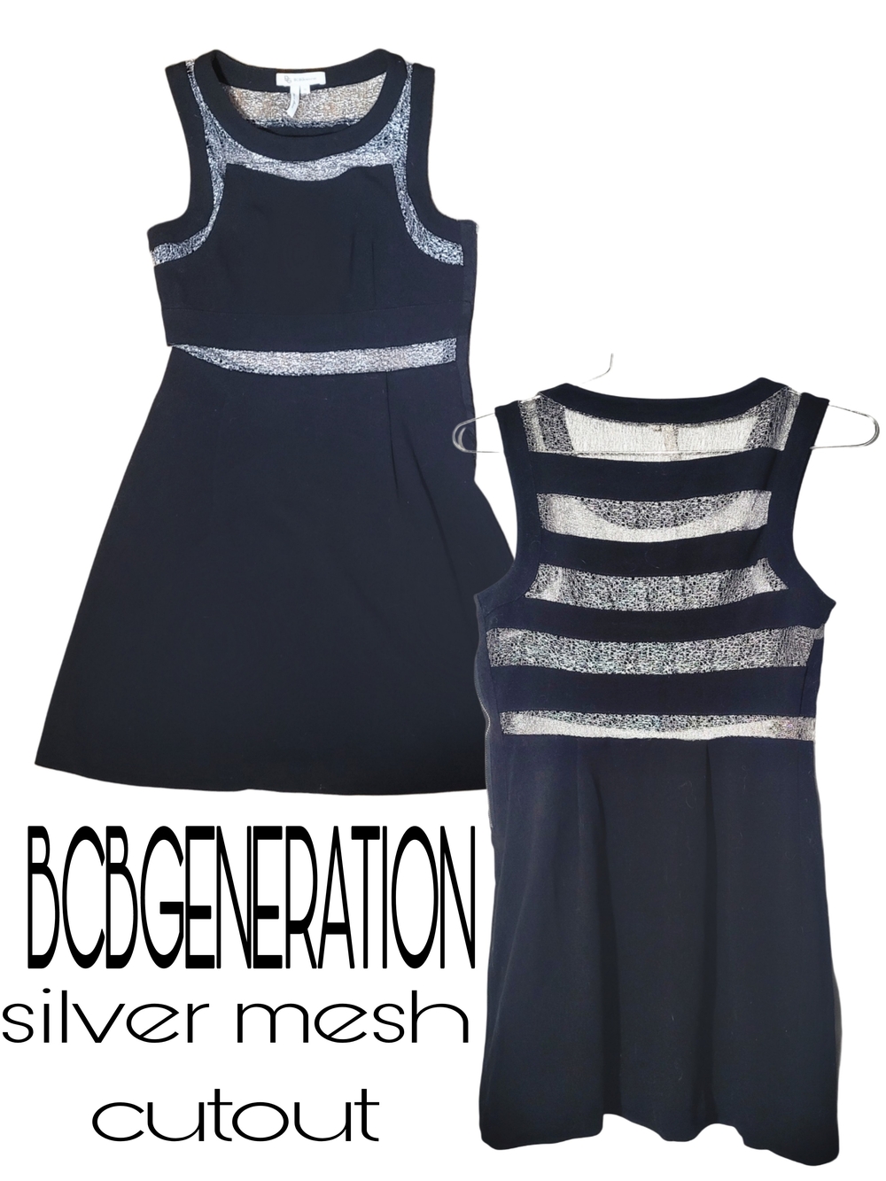 BCBGeneration Black Dress with Sheet Silver Mesh Accents